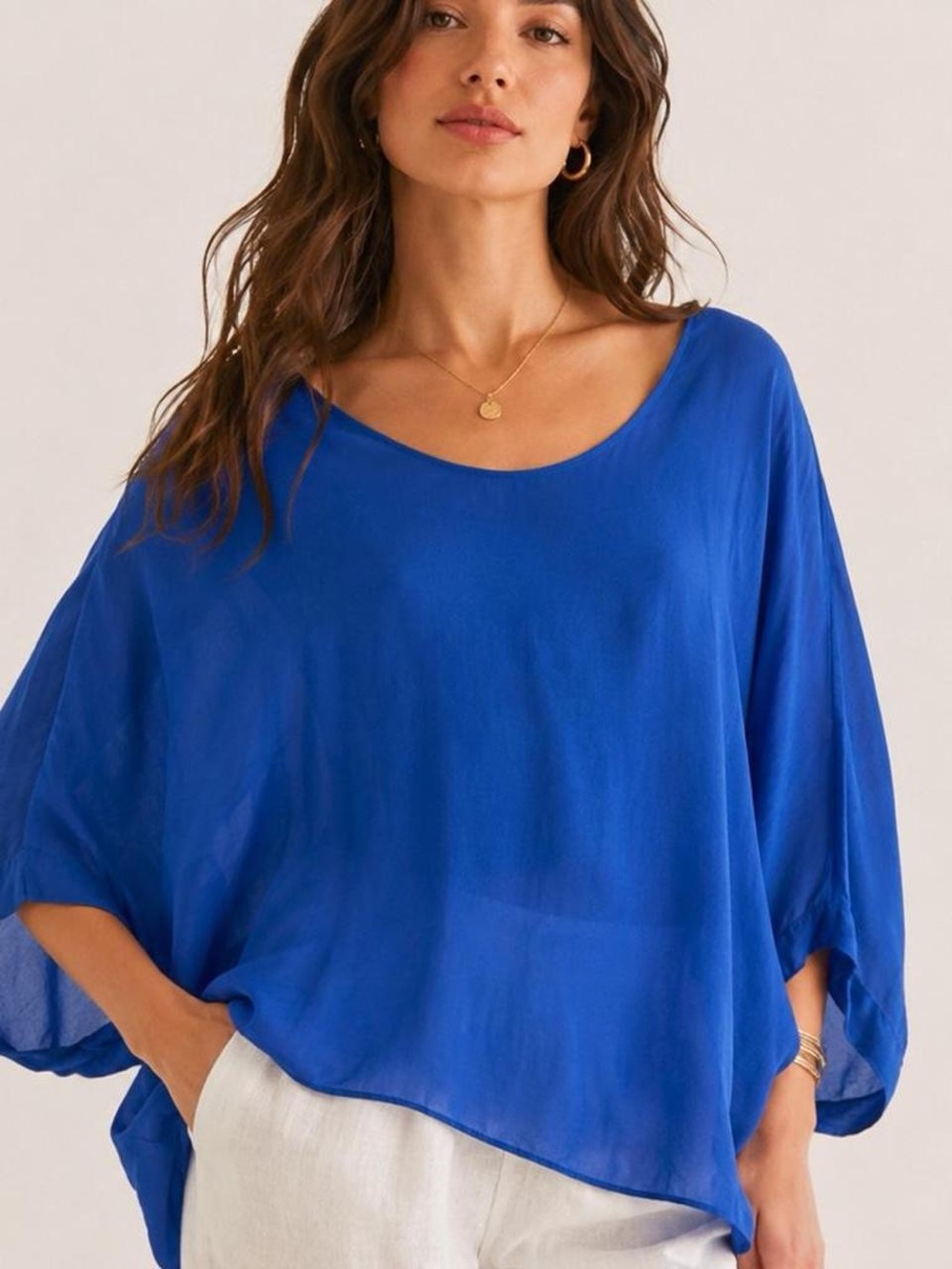 Italian Silk Blend Kimono Sleeve Blouse Large Cobalt Blue Flowy Boho Resort
